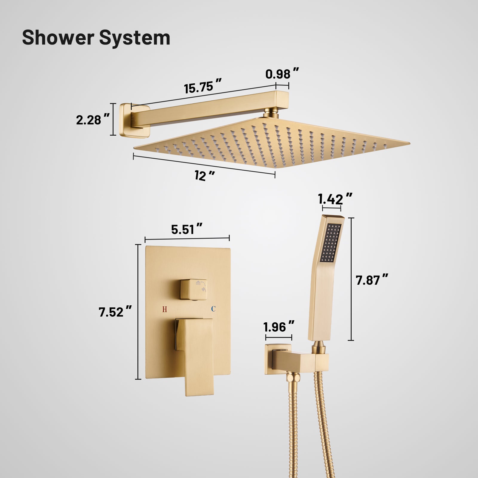 12 " Rain Single Handle 1-Spray Shower Faucet Kit Handheld Combo with Valve 1.8 GPM Adjustable Dual Shower Heads in Gold