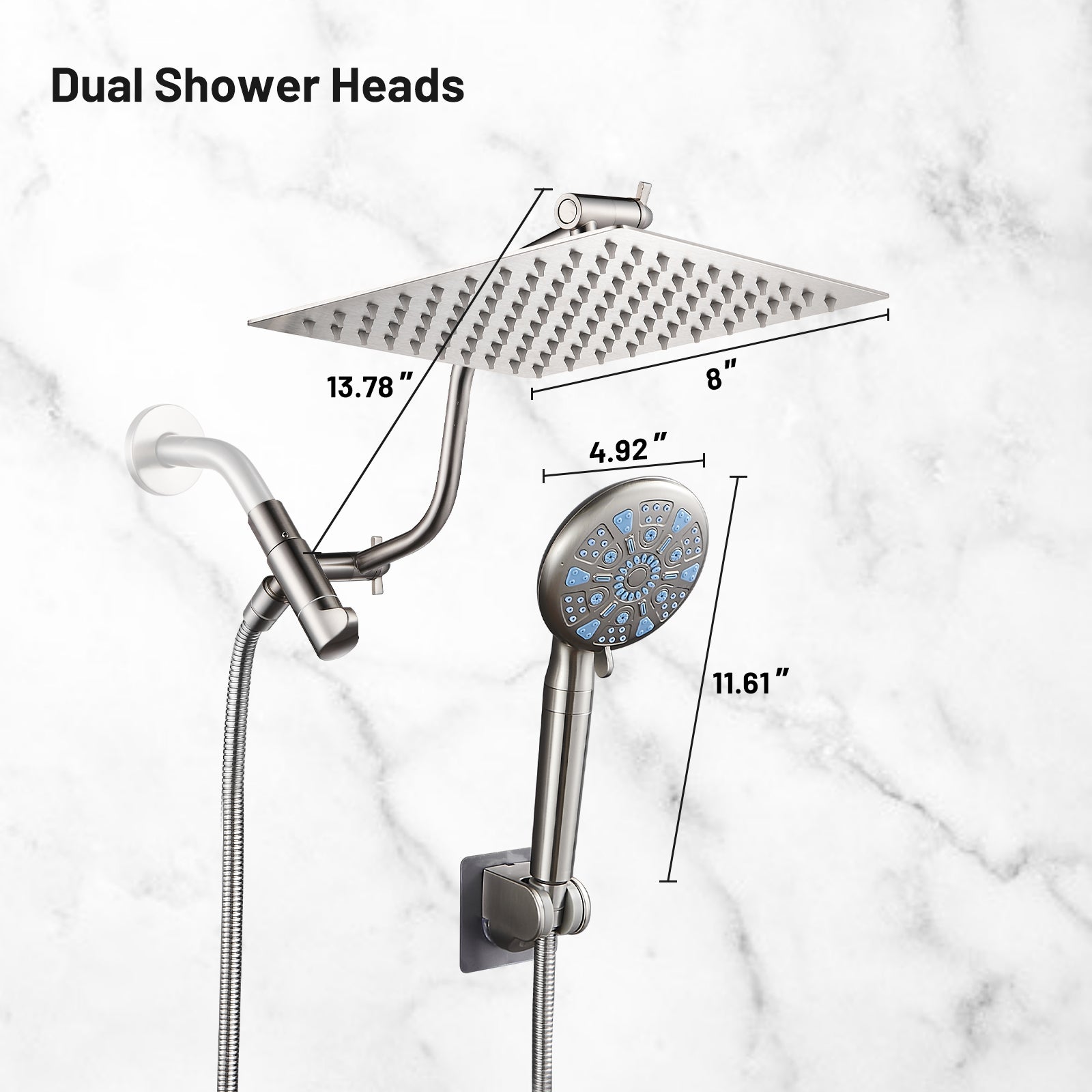 Rainfull 2-in-1 9-Spray Patterns Adjustable Wall Mount Shower Head with Filter 2.5 GPM and Handheld Shower Head in Nickel