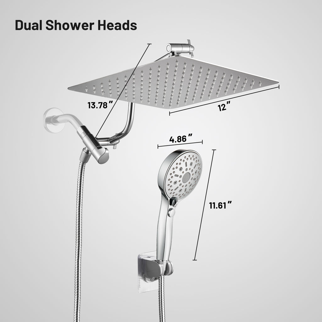 Rainfall Shower Head Combo 12-Spray 12 in. Wall Mount Dual Shower Heads and Handheld Shower Head with 1.8 GPM in Chrome