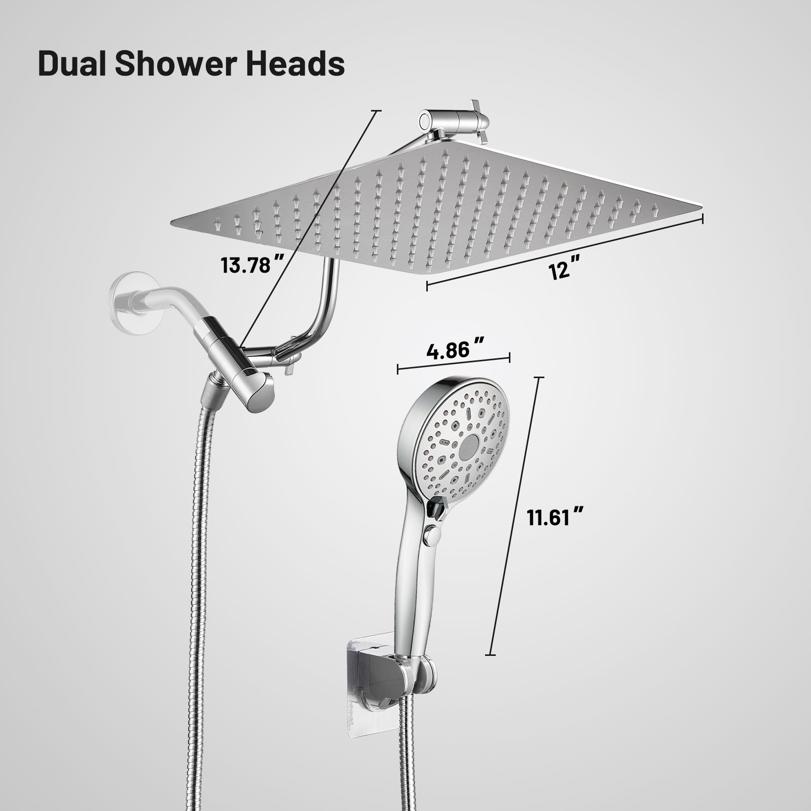Rainfall Shower Head Combo 12-Spray 12 in. Wall Mount Dual Shower Heads and Handheld Shower Head with 1.8 GPM in Chrome
