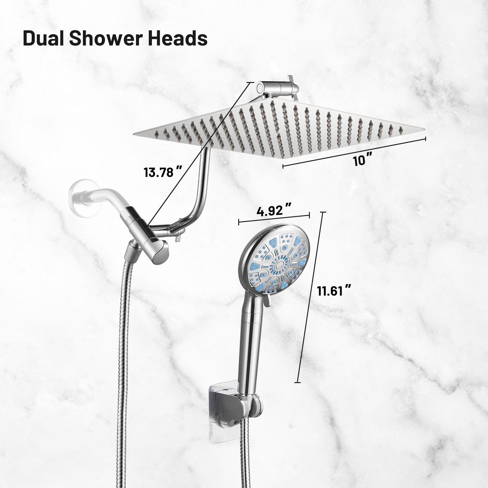 Rainfull 5-Spray Patterns 10 in. Wall Mount Dual Shower Heads and Handheld Shower Head in Chrome color