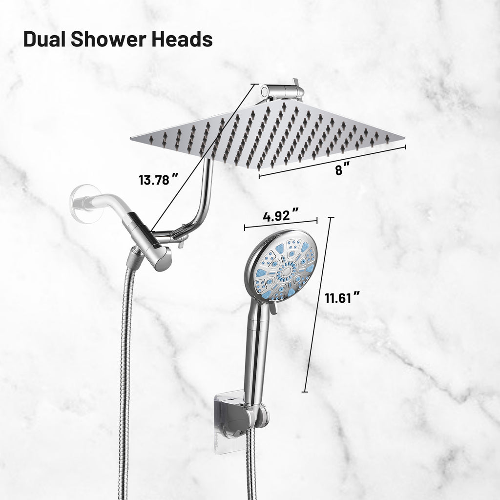 Rainfall Shower Head Combo 5-Spray 8 in. Wall Mount Dual Shower Heads and Handheld Shower Head with 1.8 GPM in Chrome
