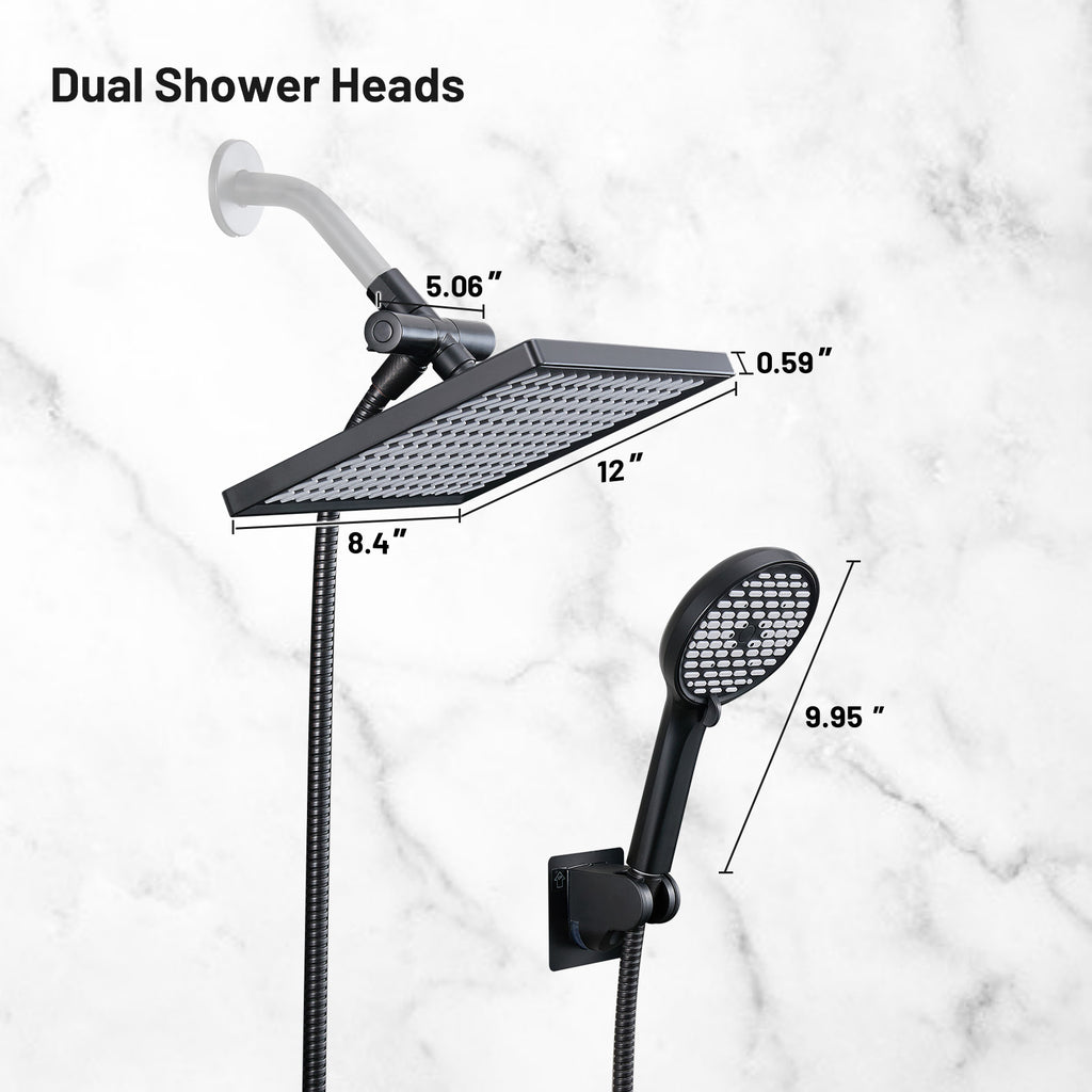 Rainfall Shower Head Combo 6-Spray 12 in. Wall Mount Dual Shower Heads and Handheld Shower Head with 1.8 GPM in Black