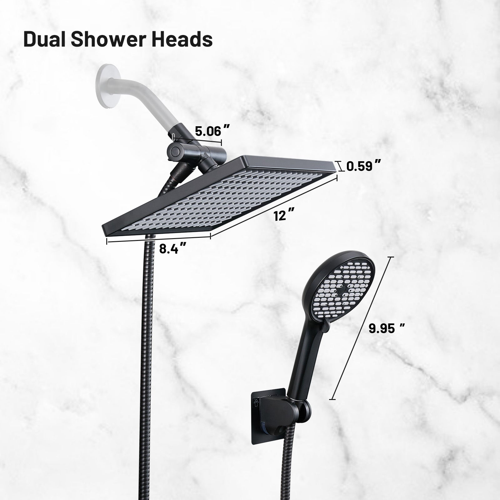 Rainfall Shower Head Combo 6-Spray 12 in. Wall Mount Dual Shower Heads and Handheld Shower Head with 1.8 GPM in Black