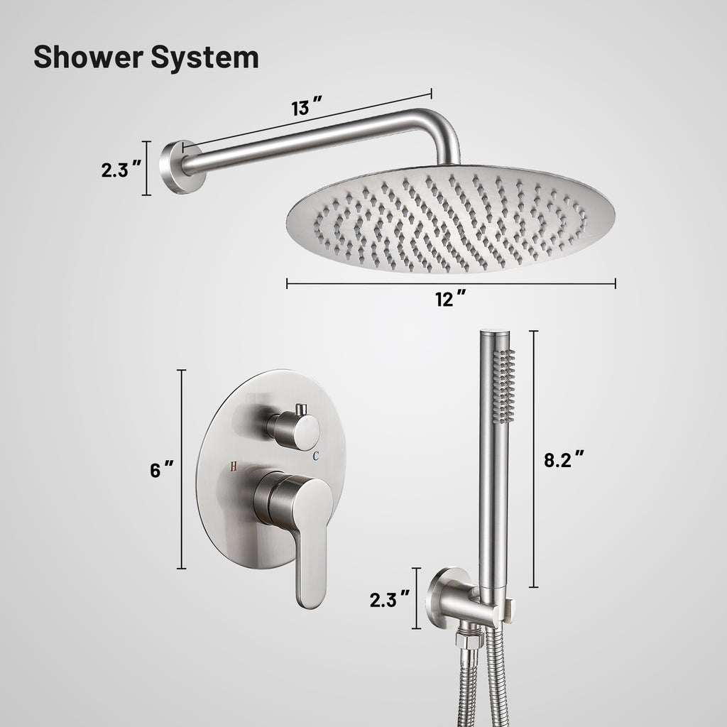 Rain Single Handle 1-Spray with Valve 1.8 GPM 12 " Shower Faucet Pressure Balance Dual Shower Heads in Brushed Nickel