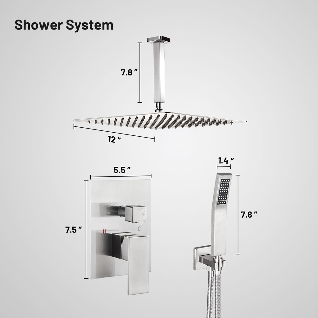 Rain Single Handle 1-Spray with Valve 1.8 GPM 12 " Shower Faucet Pressure Balance Dual Shower Heads in Brushed Nickel