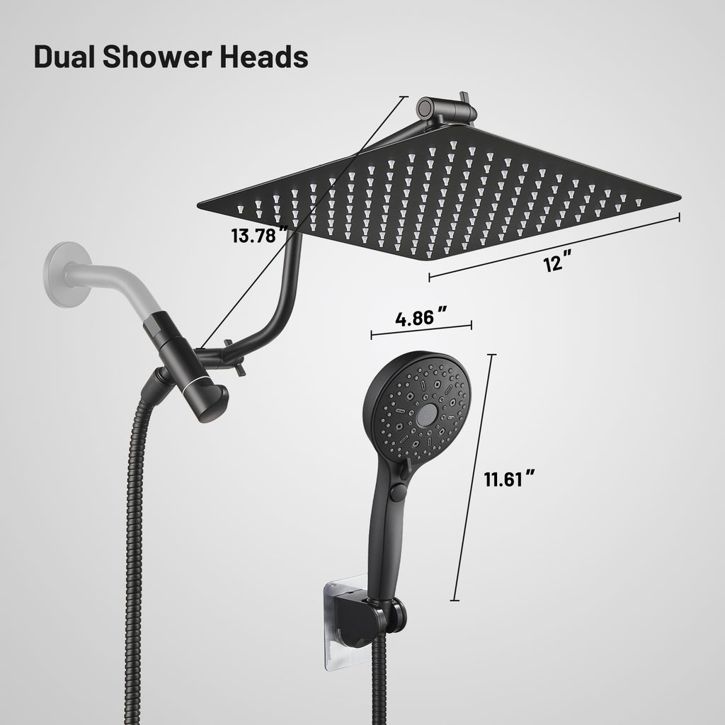 Rainfall Shower Head Combo 12-Spray 12 in. Wall Mount Dual Shower Heads and Handheld Shower Head with 1.8 GPM in Black