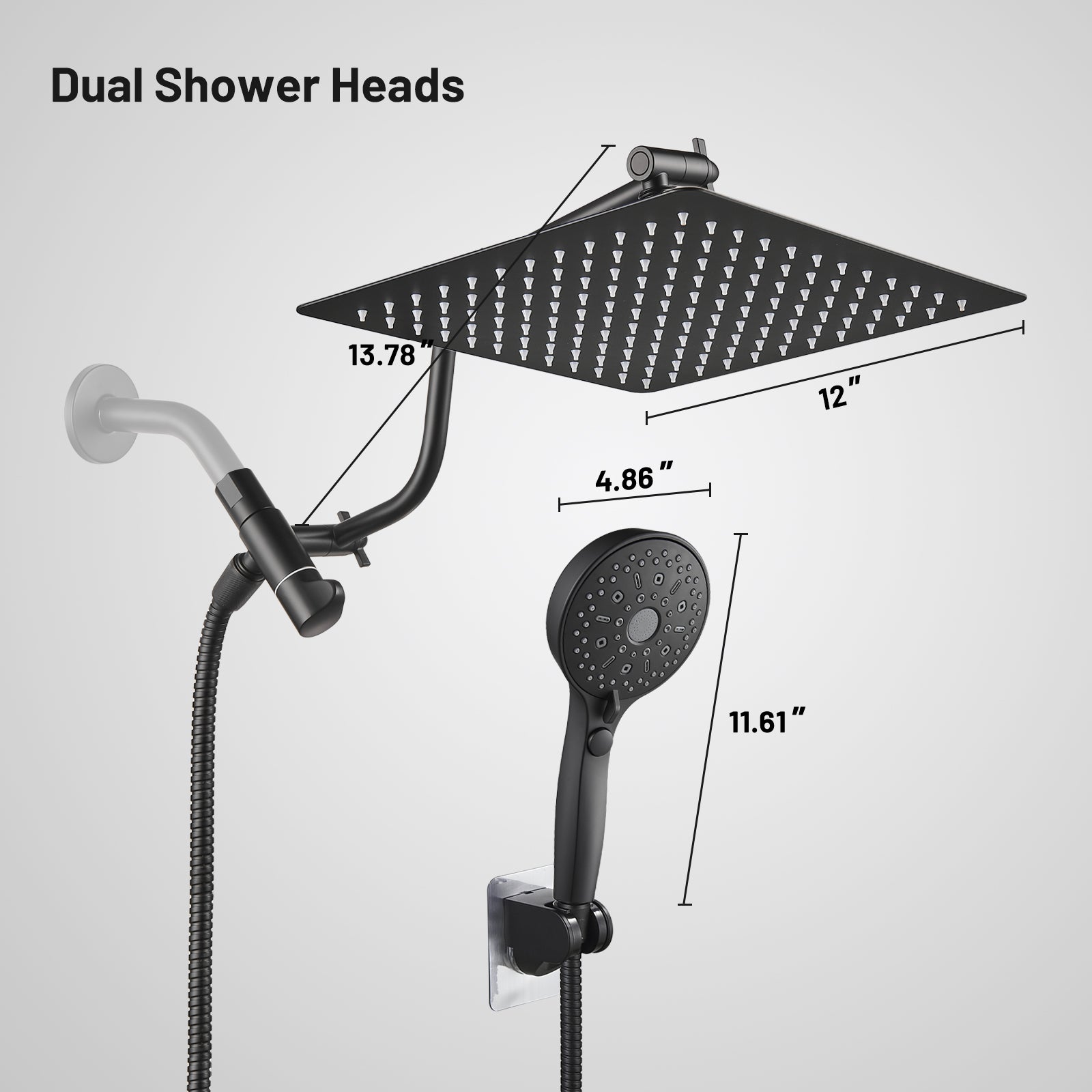 Rainfall Shower Head Combo 12-Spray 12 in. Wall Mount Dual Shower Heads and Handheld Shower Head with 1.8 GPM in Black