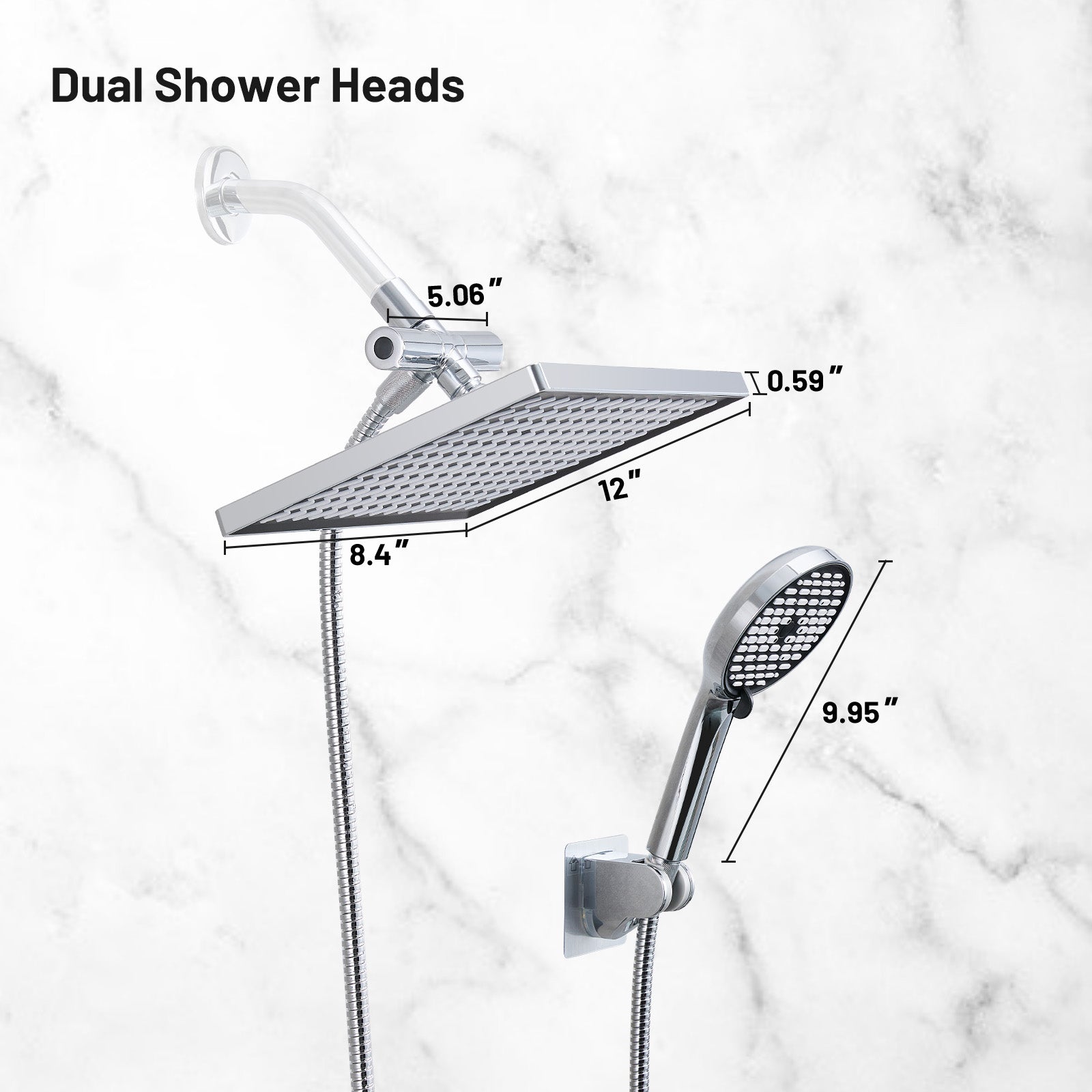 Rainfall Shower Head Combo 6-Spray 12 in. Wall Mount Dual Shower Heads and Handheld Shower Head with 1.8 GPM in Chrome