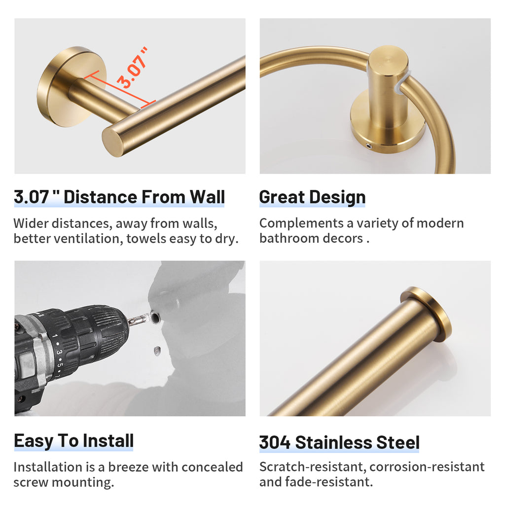 Modern 6-Pieces Stainless Steel Bath Hardware Set with Towel Ring Toilet Paper Holder Towel Hook and Towel Bar in Gold