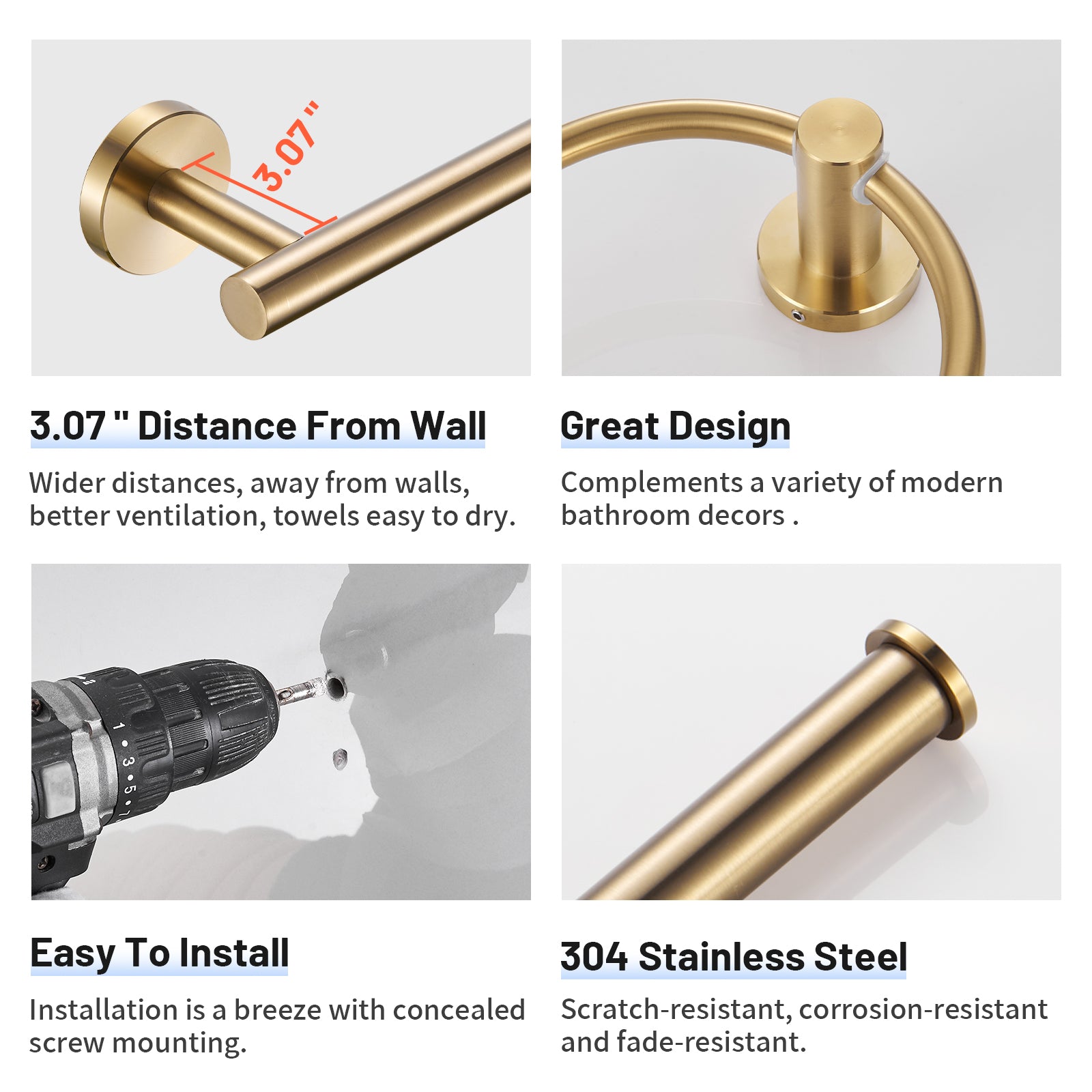 Modern 6-Pieces Stainless Steel Bath Hardware Set with Towel Ring Toilet Paper Holder Towel Hook and Towel Bar in Gold