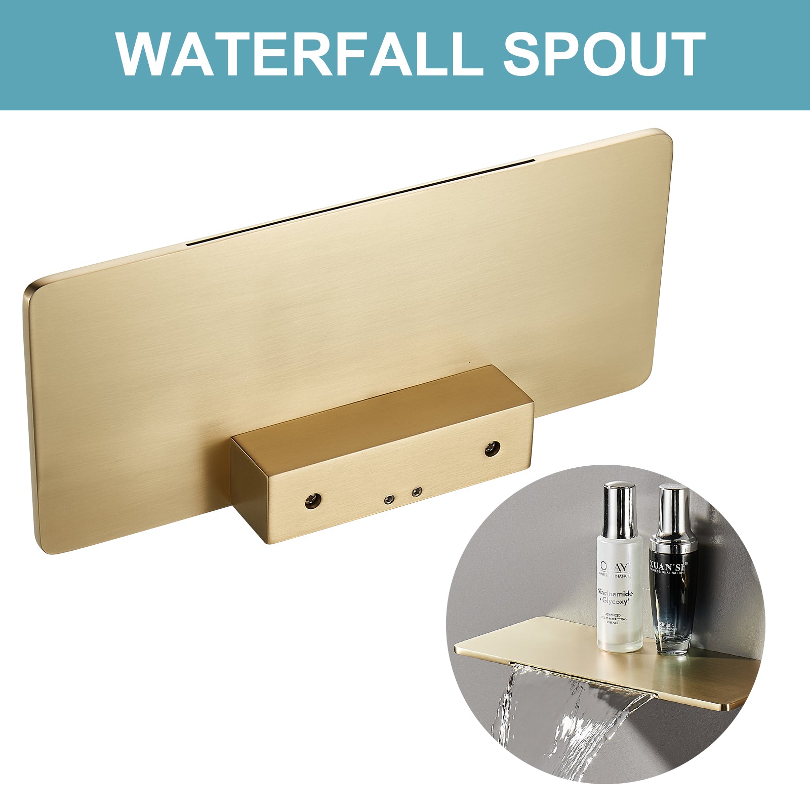 Single-Handle Rectangular Waterfall Wall Mounted Bathroom Faucet in  Gold