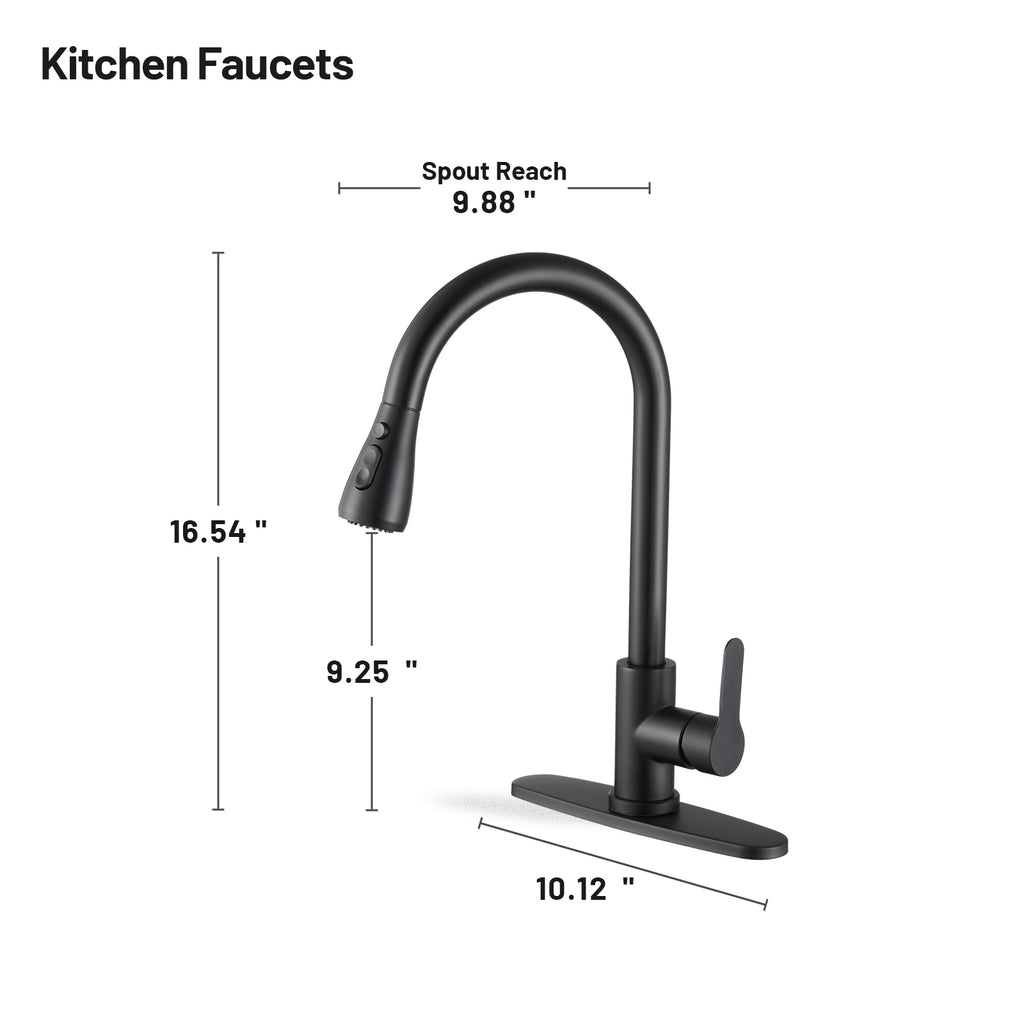 Gooseneck Single-Handle Pull Down Sprayer Kitchen Faucet with Deckplate and Sweep Spray Pull Out Sink Faucet in Black
