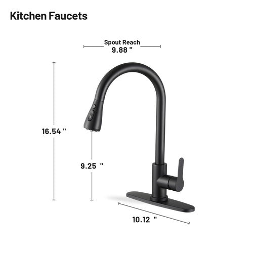 Gooseneck Single-Handle Pull Down Sprayer Kitchen Faucet with Deckplate and Sweep Spray Pull Out Sink Faucet in Black