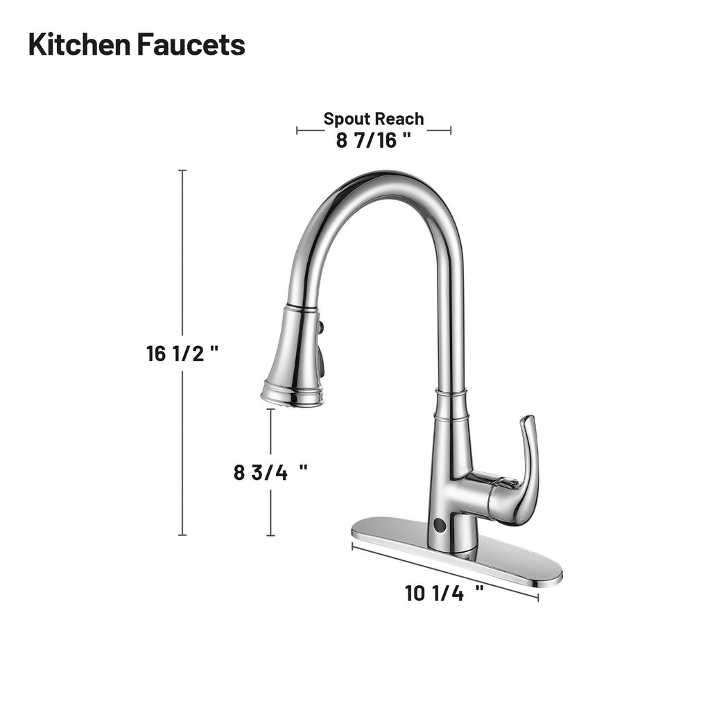 Touchless Single Handle Gooseneck Pull Down Sprayer Kitchen Faucet with Deckplate Pull Out Sink Faucet in Chrome