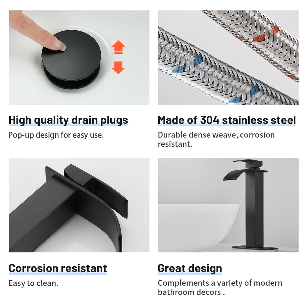 High Arc Waterfall Single Handle Single Hole Bathroom Faucet with Drain Kit Included in Black