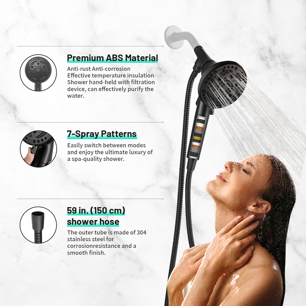 7-Spray Pattern 4.92 in. Wall Mount Handheld Shower Heads 1.8 GPM with Filter，Removable Shower hose in Matte Black