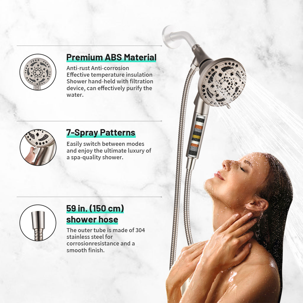 7-Spray Pattern 4.92 in. Wall Mount Handheld Shower Heads 1.8 GPM with Filter，Removable Shower hose in Brushed Nickel