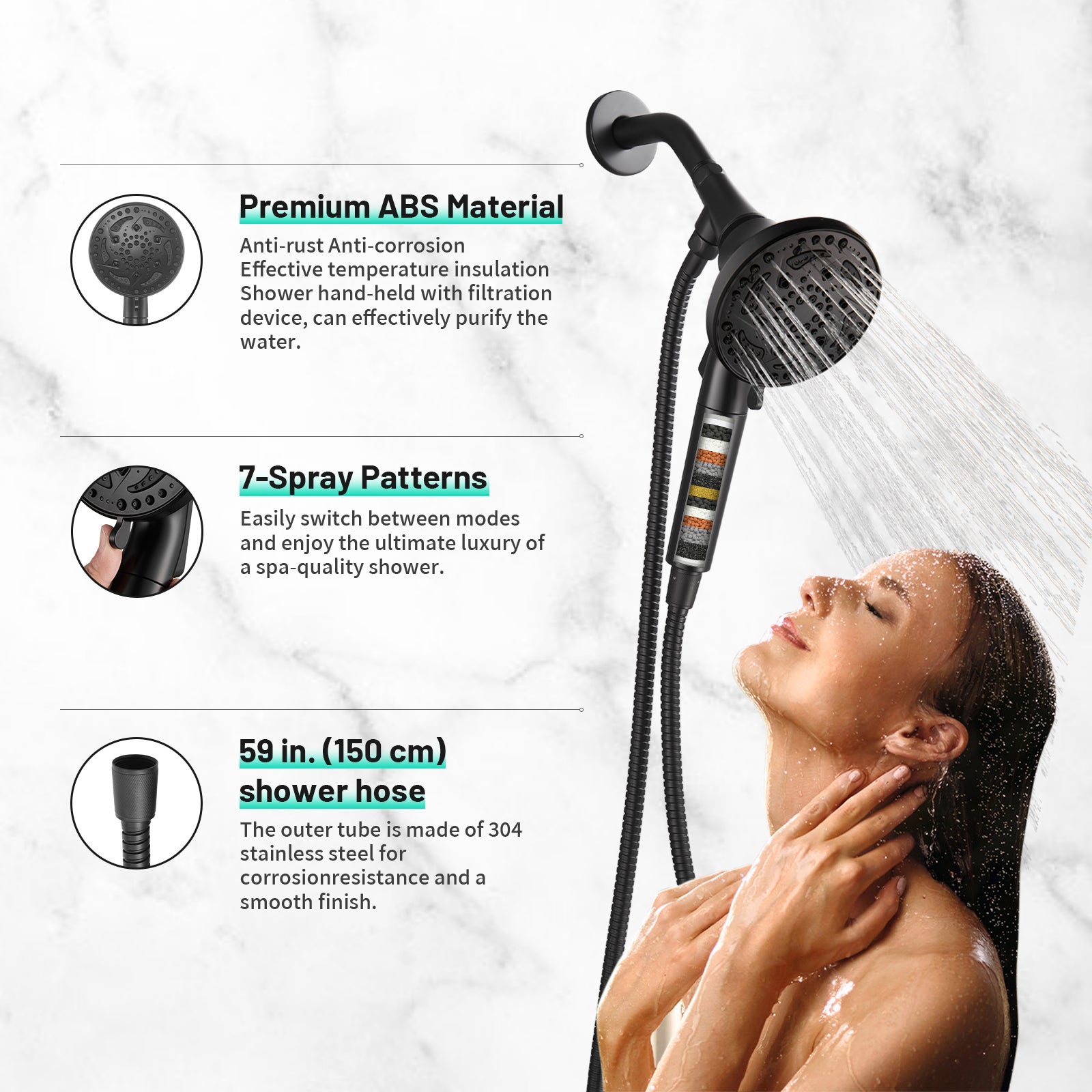 Rainfull 7-Spray Handheld Shower Faucet Kit with Valve 1.8 GPM and 4.9 in. Adjustable Filtered Shower Head in Black