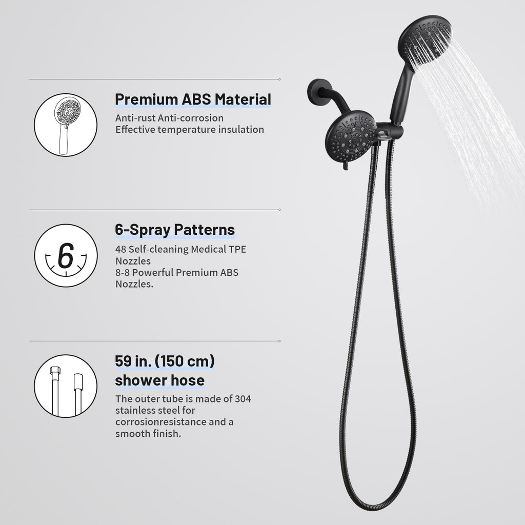 4.7 " Single Handle 5-Spray Shower Faucet Kit Handheld Combo with Valve 1.8 GPM Adjustable Dual Shower Heads in Black