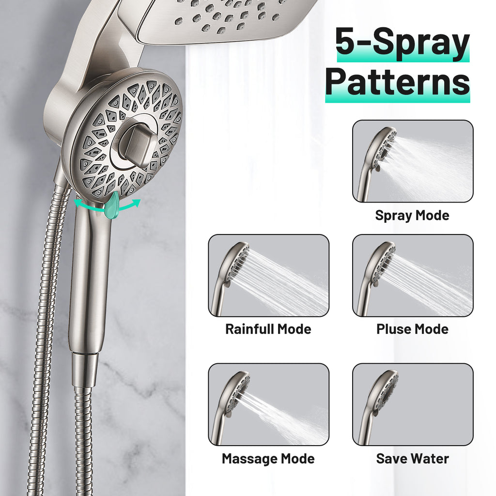 Magnetic 2-in-1 5-Spray Adjustable  Dual Shower Heads Wall Mount Fixed and Handheld Shower Head 2.5 GPM in Nickel