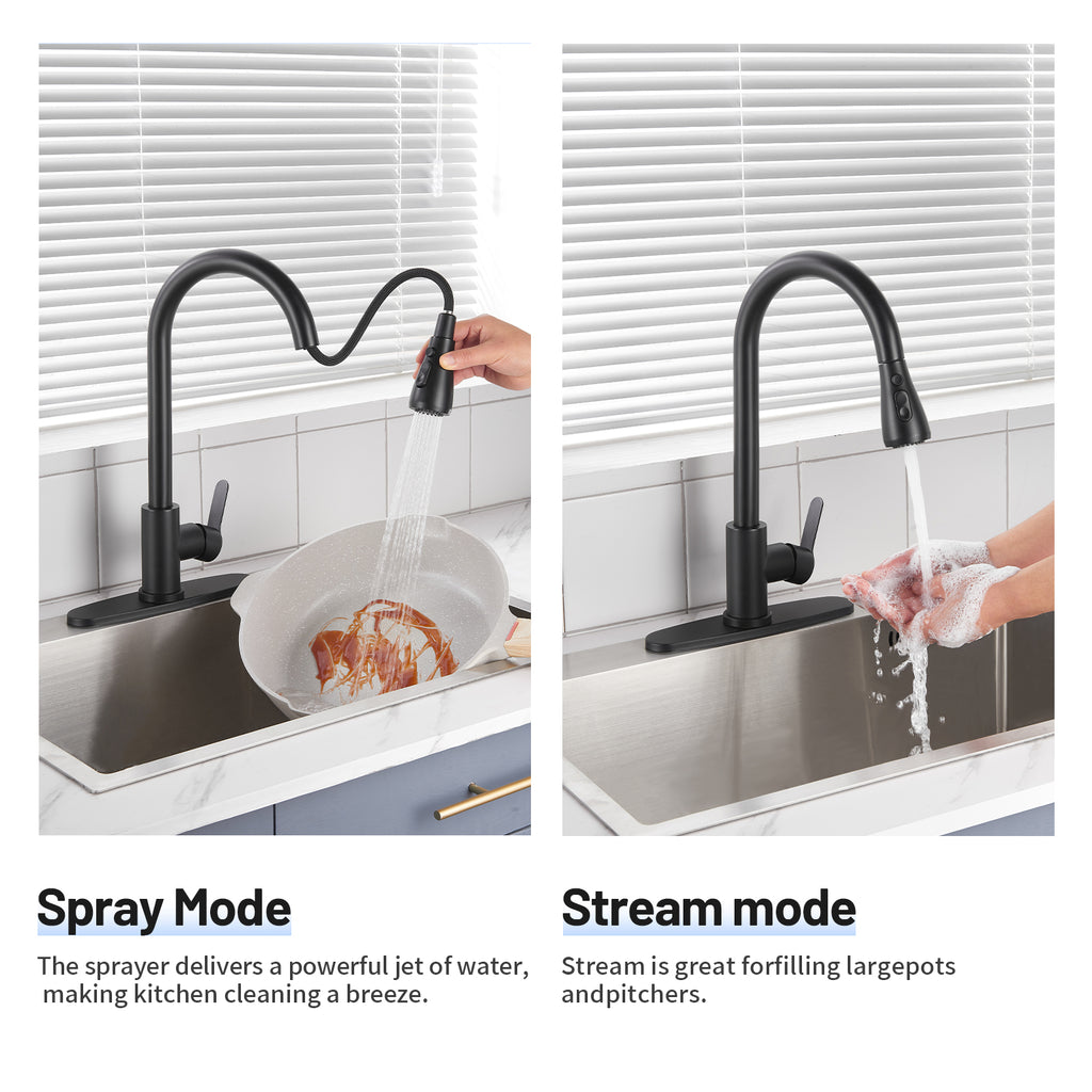 Gooseneck Single-Handle Pull Down Sprayer Kitchen Faucet with Deckplate and Sweep Spray Pull Out Sink Faucet in Black