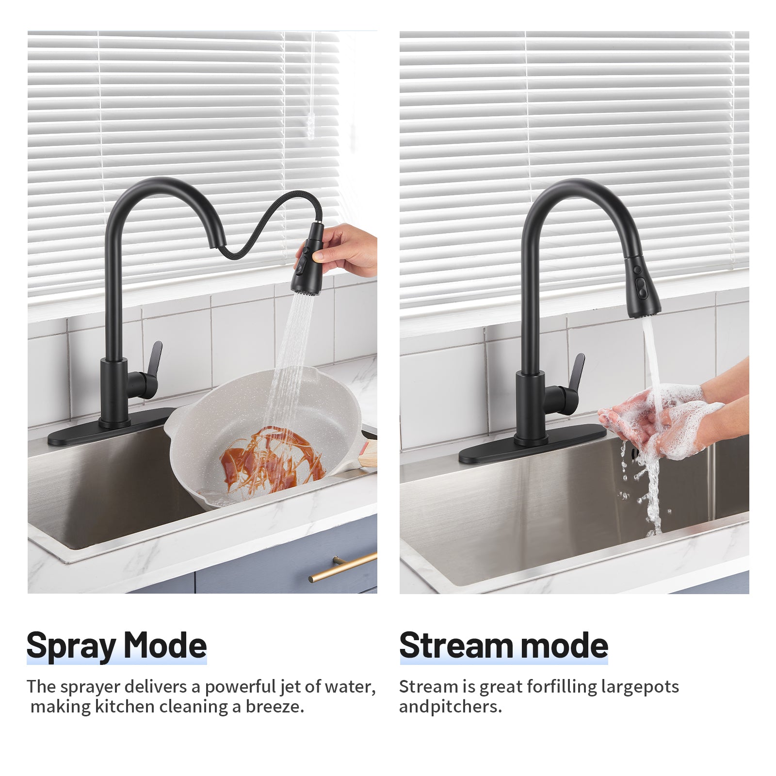 Gooseneck Single-Handle Pull Down Sprayer Kitchen Faucet with Deckplate and Sweep Spray Pull Out Sink Faucet in Black