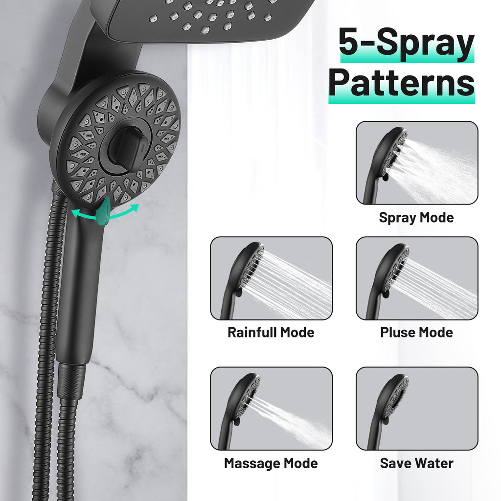 Magnetic 2-in-1 5-Spray  Adjustable Dual Shower Heads Wall Mount Fixed and Handheld Shower Head 2.5 GPM in Black