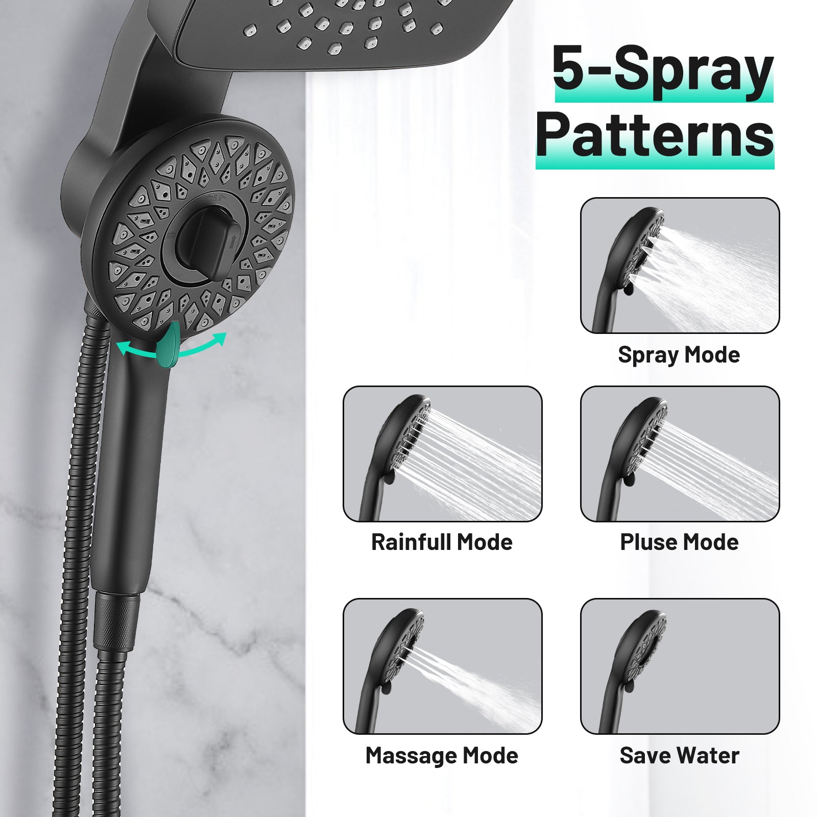 Magnetic 2-in-1 5-Spray  Adjustable Dual Shower Heads Wall Mount Fixed and Handheld Shower Head 2.5 GPM in Black
