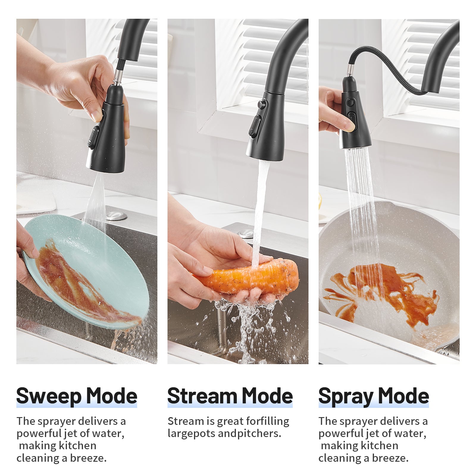 Gooseneck Single-Handle Pull Down Sprayer Kitchen Faucet with Deckplate and Sweep Spray Pull Out Sink Faucet in Black