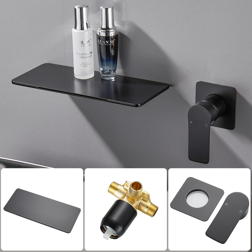 Single-Handle Rectangular Waterfall Wall Mounted Bathroom Faucet in Matte Black