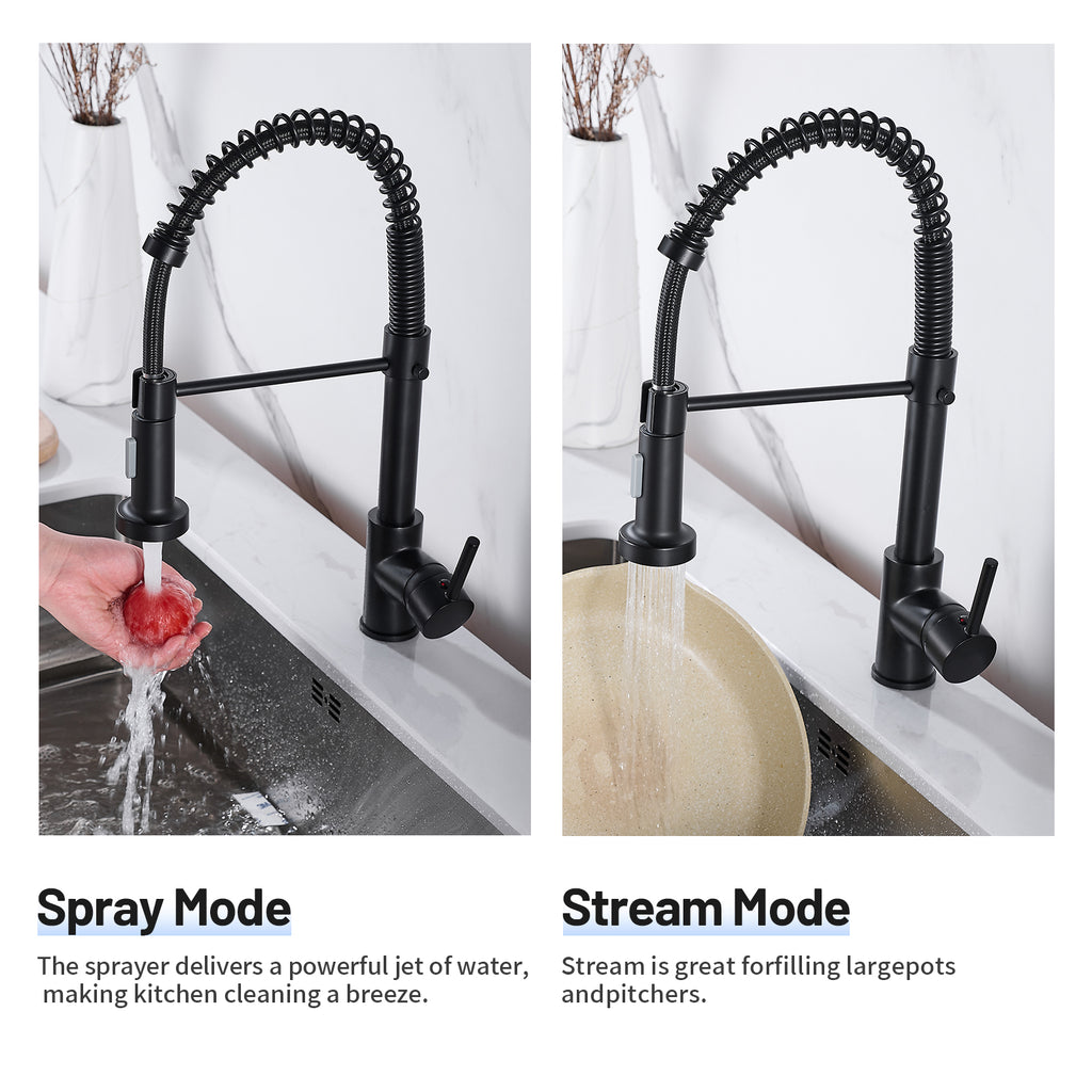 Single-Handle Pull Out Sprayer Coil Spring High-Arc Kitchen Faucet with Deckplate Sink Faucet in Matte Black