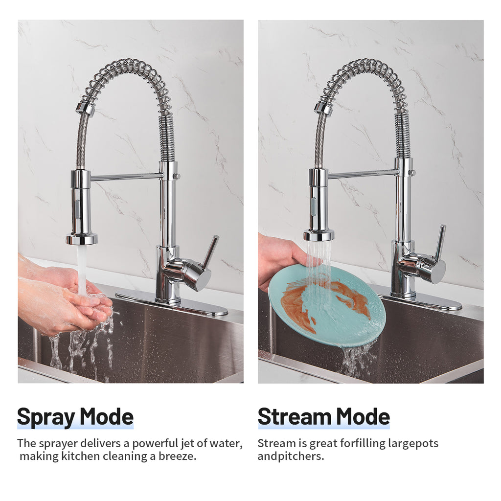 Single-Handle Pull Out Sprayer Coil Spring High-Arc Kitchen Faucet with Deckplate Sink Faucet in Chrome