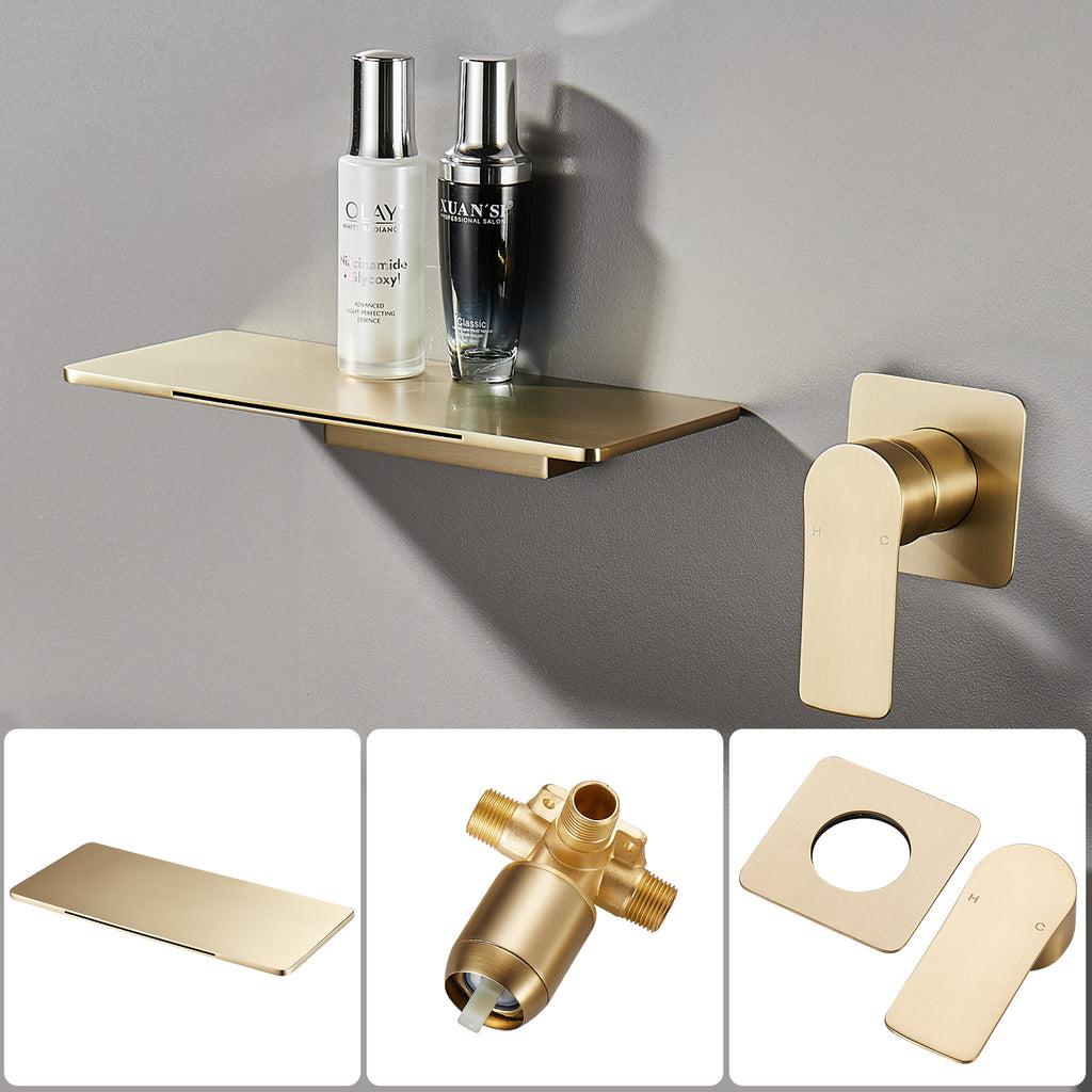Single-Handle Rectangular Waterfall Wall Mounted Bathroom Faucet in  Gold