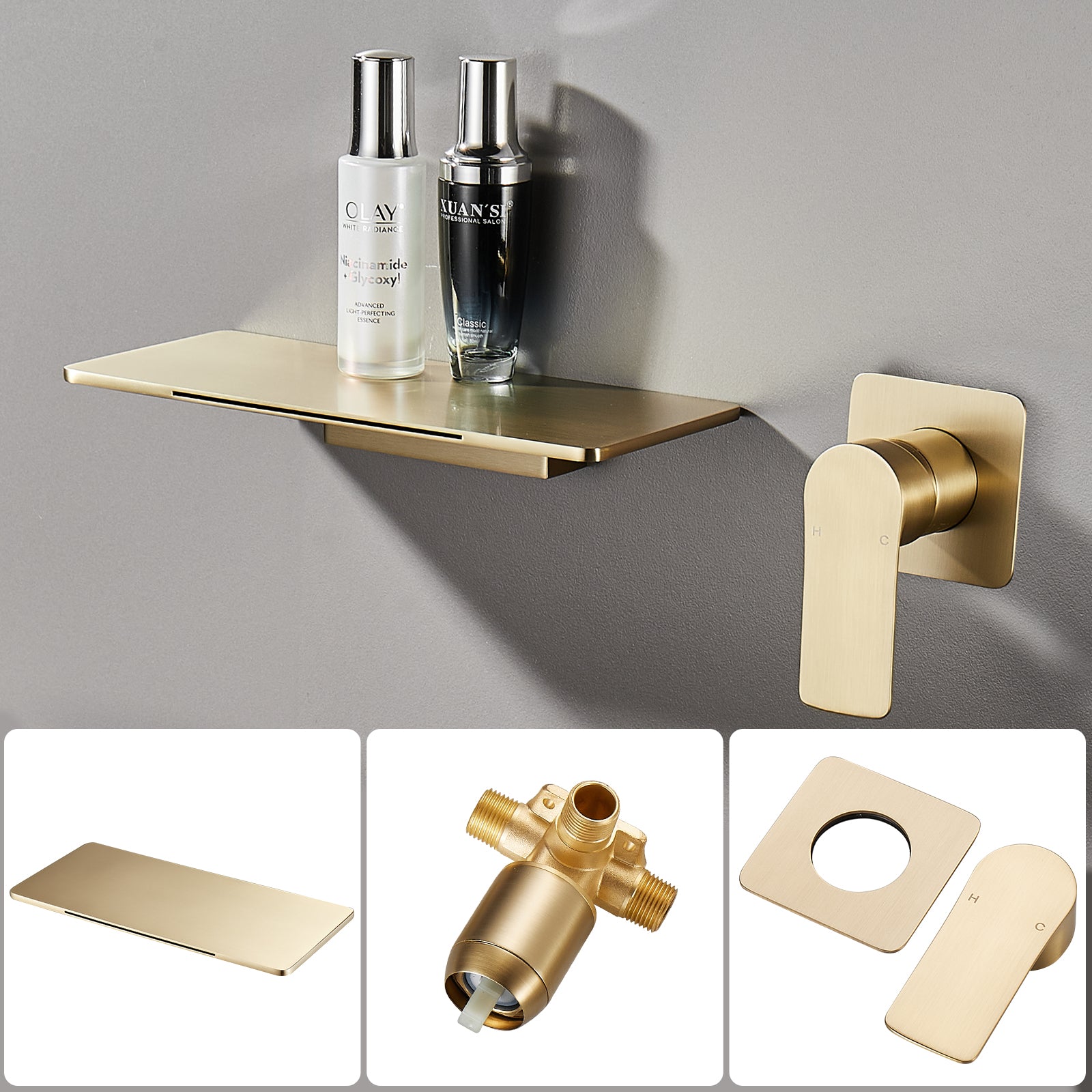 Single-Handle Rectangular Waterfall Wall Mounted Bathroom Faucet in  Gold