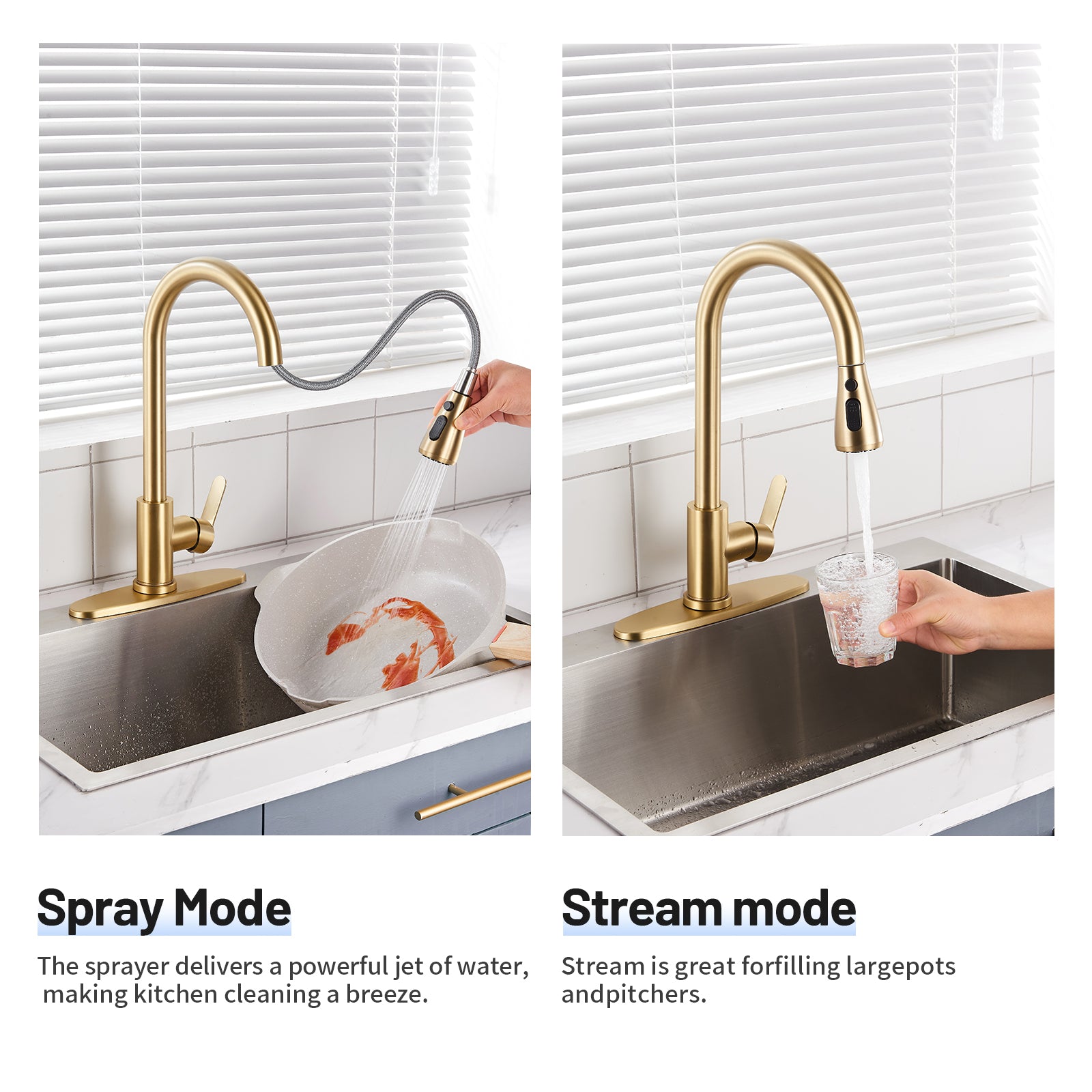 Gooseneck Single-Handle Pull Down Sprayer Kitchen Faucet with Deckplate and Sweep Spray Pull Out Sink Faucet in Gold