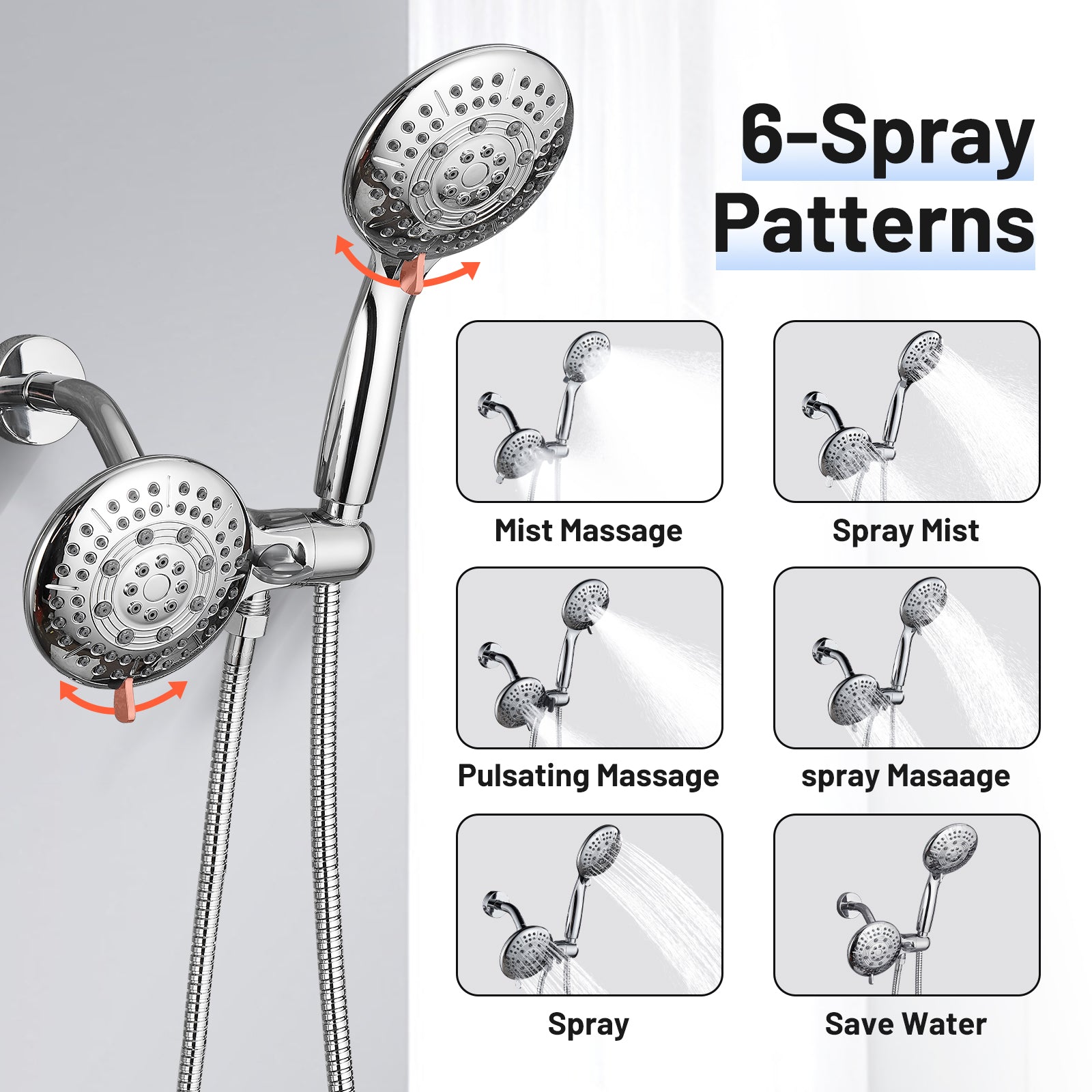 4.7 " Single Handle 5-Spray Shower Faucet Kit Handheld Combo with Valve 1.8 GPM Adjustable Dual Shower Heads in Chrome