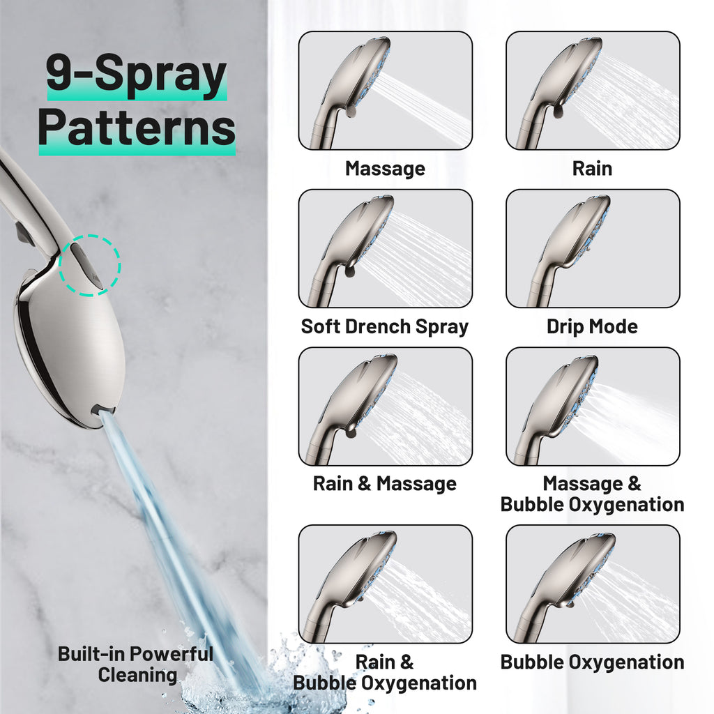 Rainfull 2-in-1 9-Spray Patterns Adjustable Wall Mount Shower Head with Filter 2.5 GPM and Handheld Shower Head in Nickel