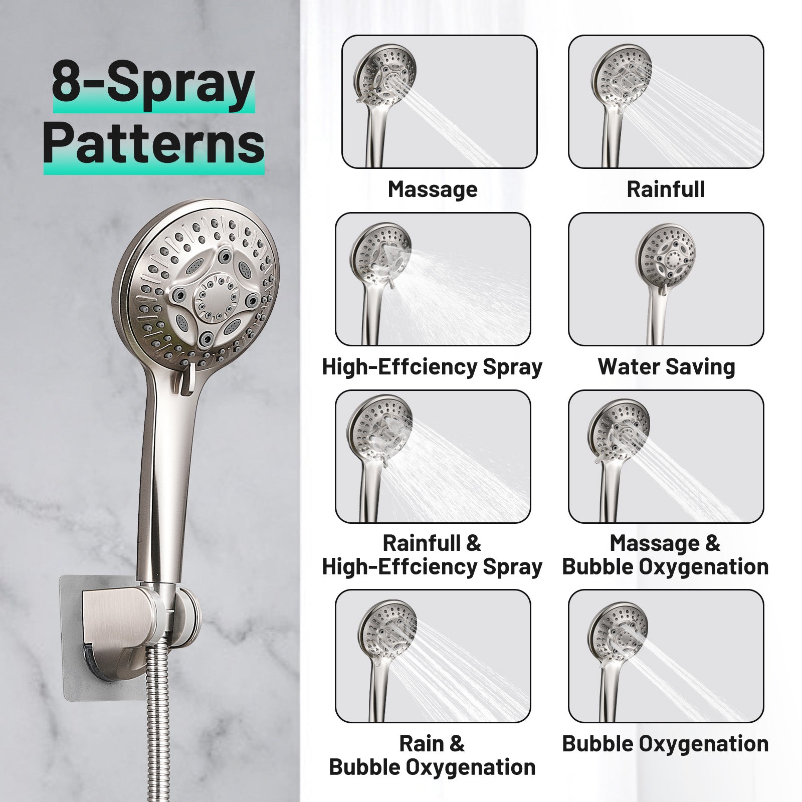 Rainfull 2-in-1 8-spray with 1.8 GPM 12 in.  Wall Mount Dual Shower Head and Handheld Shower Head in Brushed Nickel