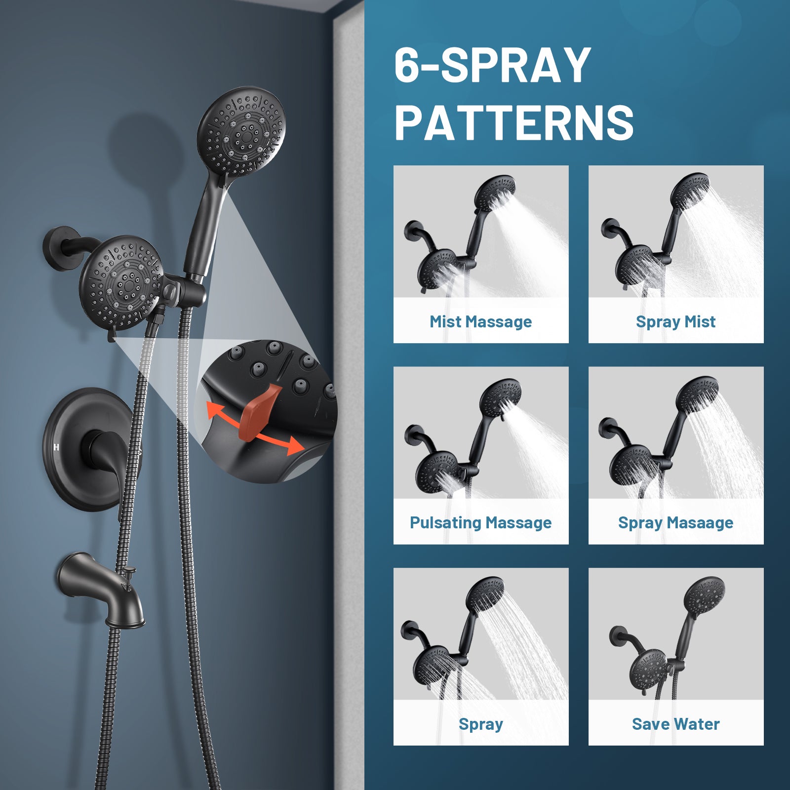 Rain Single Handle 5-Spray Tub Shower Faucet Handheld Combo with Valve 1.8 GPM Adjustable Dual shower Heads in Black