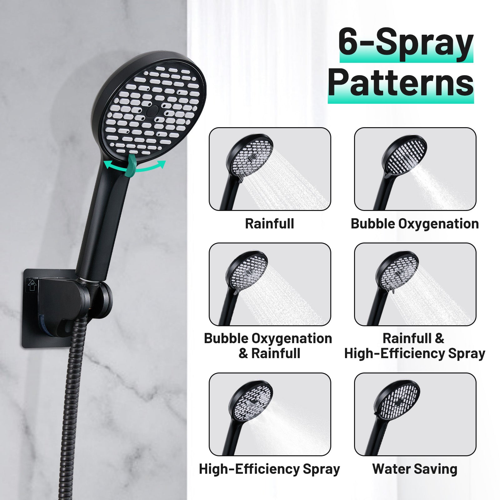 Rainfall Shower Head Combo 6-Spray 12 in. Wall Mount Dual Shower Heads and Handheld Shower Head with 1.8 GPM in Black