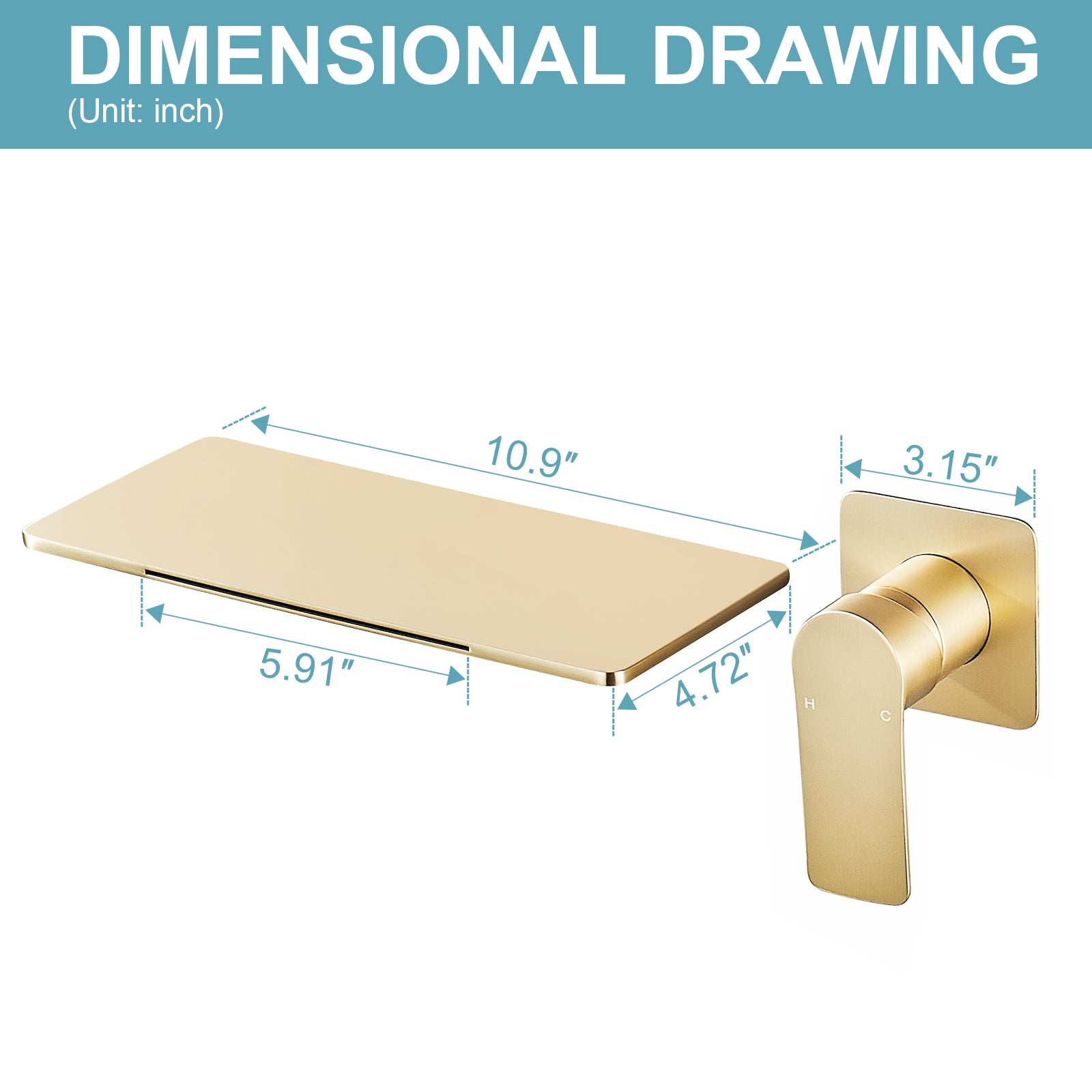 Single-Handle Rectangular Waterfall Wall Mounted Bathroom Faucet in  Gold
