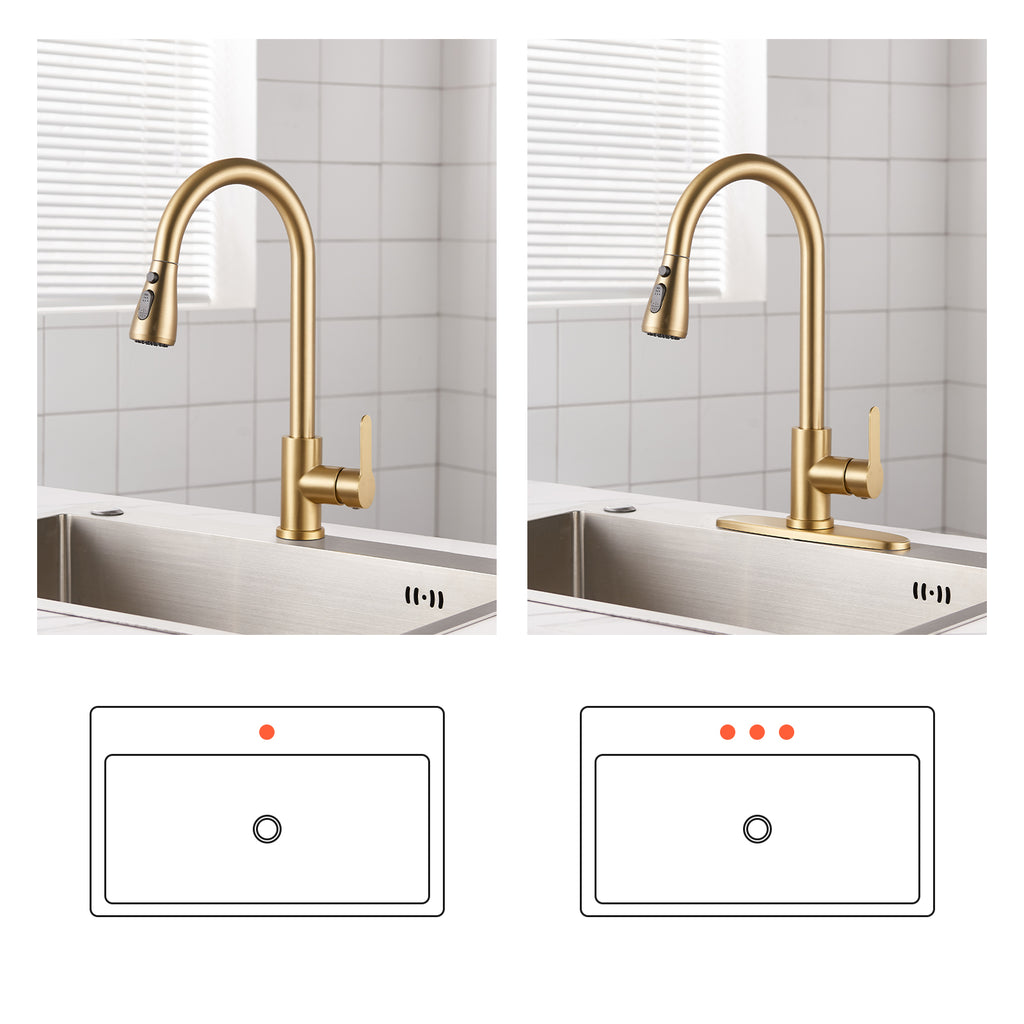 Gooseneck Single-Handle Pull Down Sprayer Kitchen Faucet with Deckplate and Sweep Spray Pull Out Sink Faucet in Gold