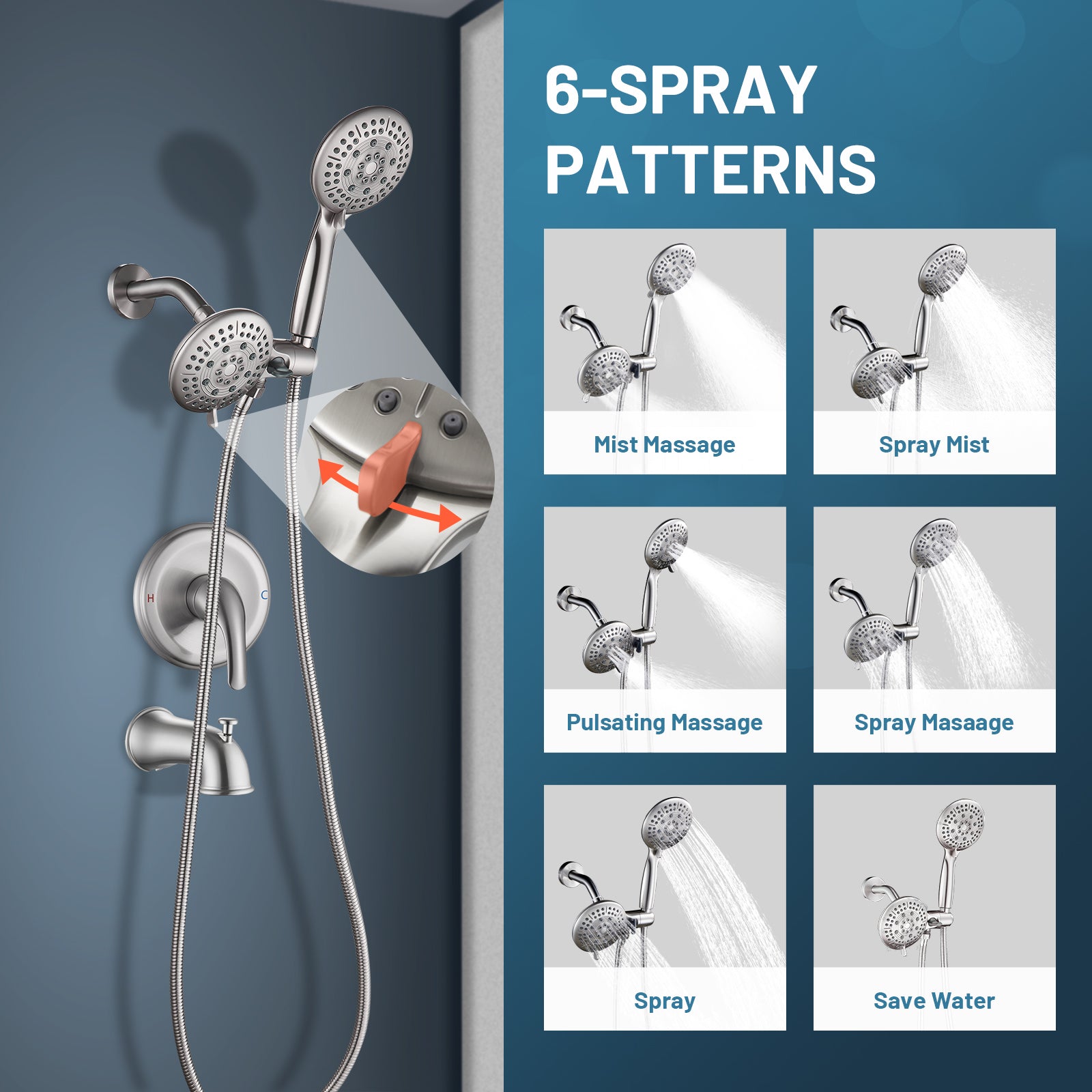 Rain Single Handle 5-Spray Tub Shower Faucet Handheld Combo with Valve 1.8 GPM Adjustable shower Head in Brushed Nicke
