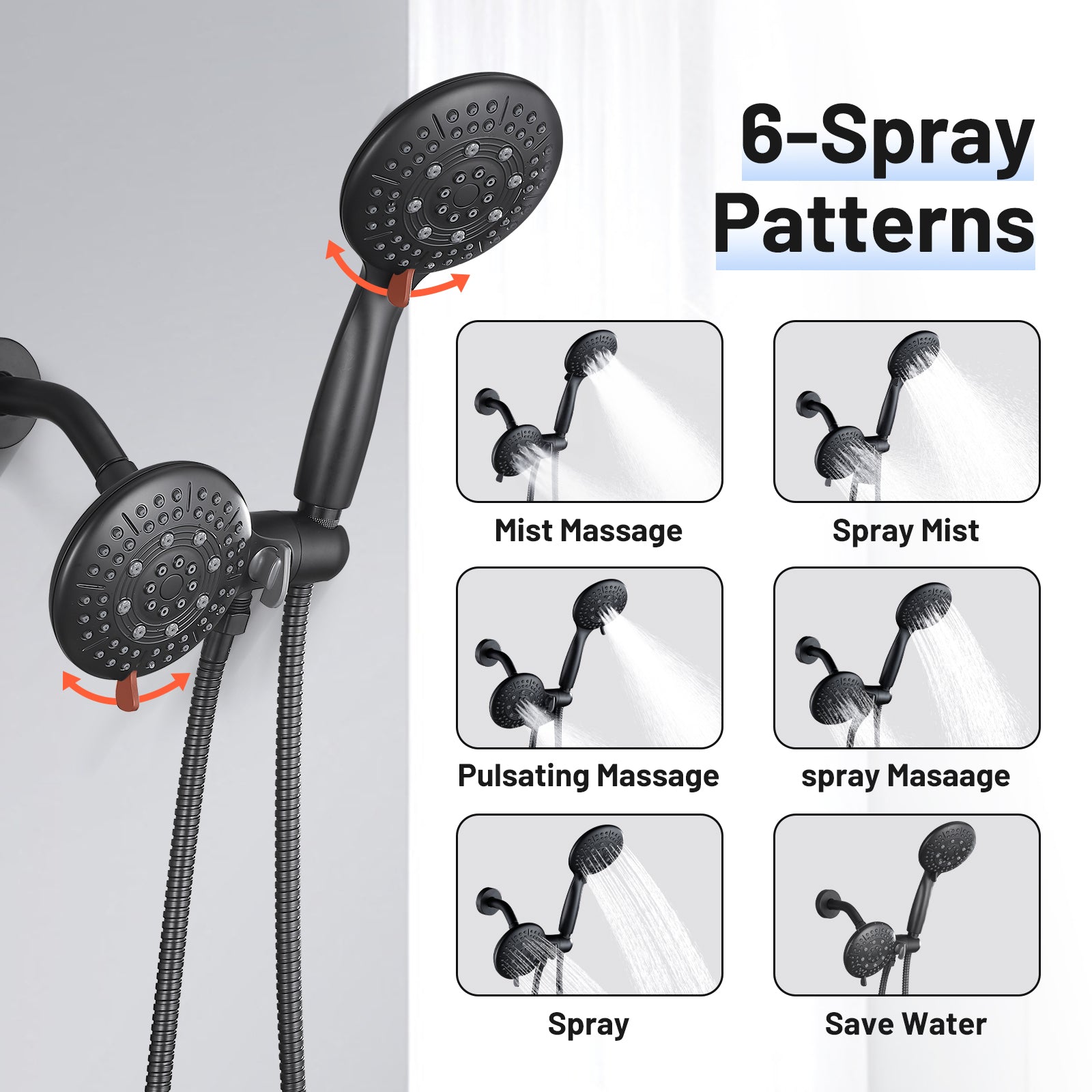 4.7 " Single Handle 5-Spray Shower Faucet Kit Handheld Combo with Valve 1.8 GPM Adjustable Dual Shower Heads in Black