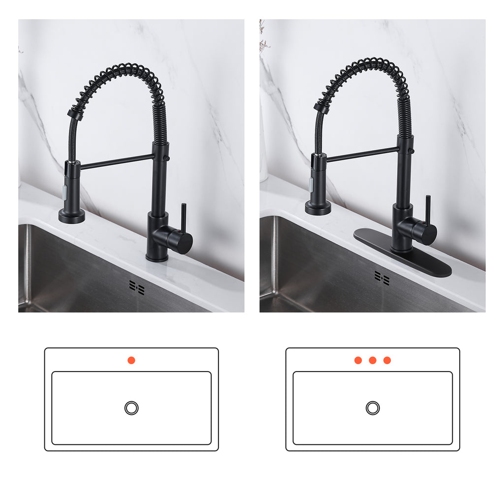 Single-Handle Pull Out Sprayer Coil Spring High-Arc Kitchen Faucet with Deckplate Sink Faucet in Matte Black
