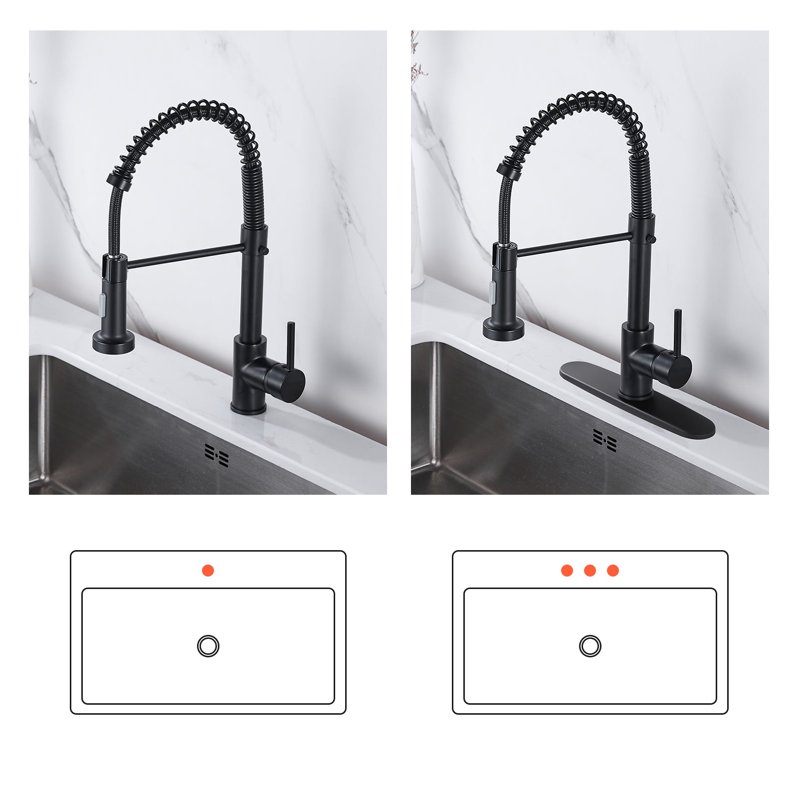 Single-Handle Pull Out Sprayer Coil Spring High-Arc Kitchen Faucet with Deckplate Sink Faucet in Matte Black