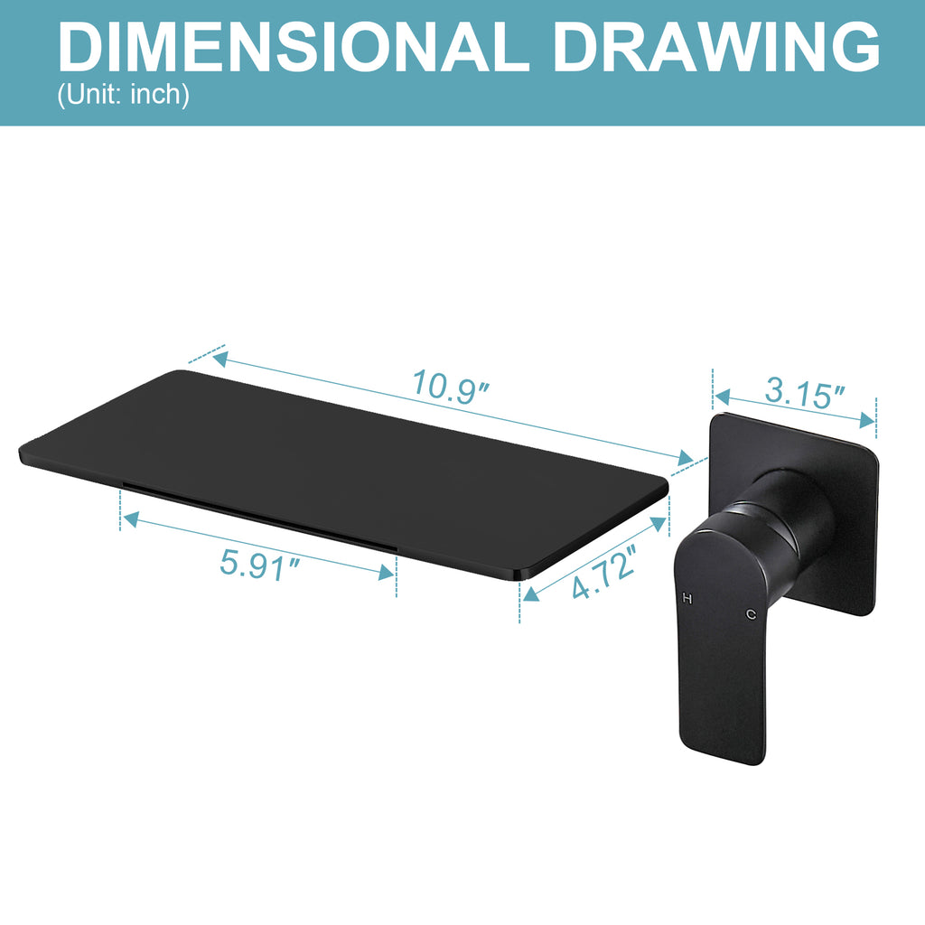 Single-Handle Rectangular Waterfall Wall Mounted Bathroom Faucet in Matte Black