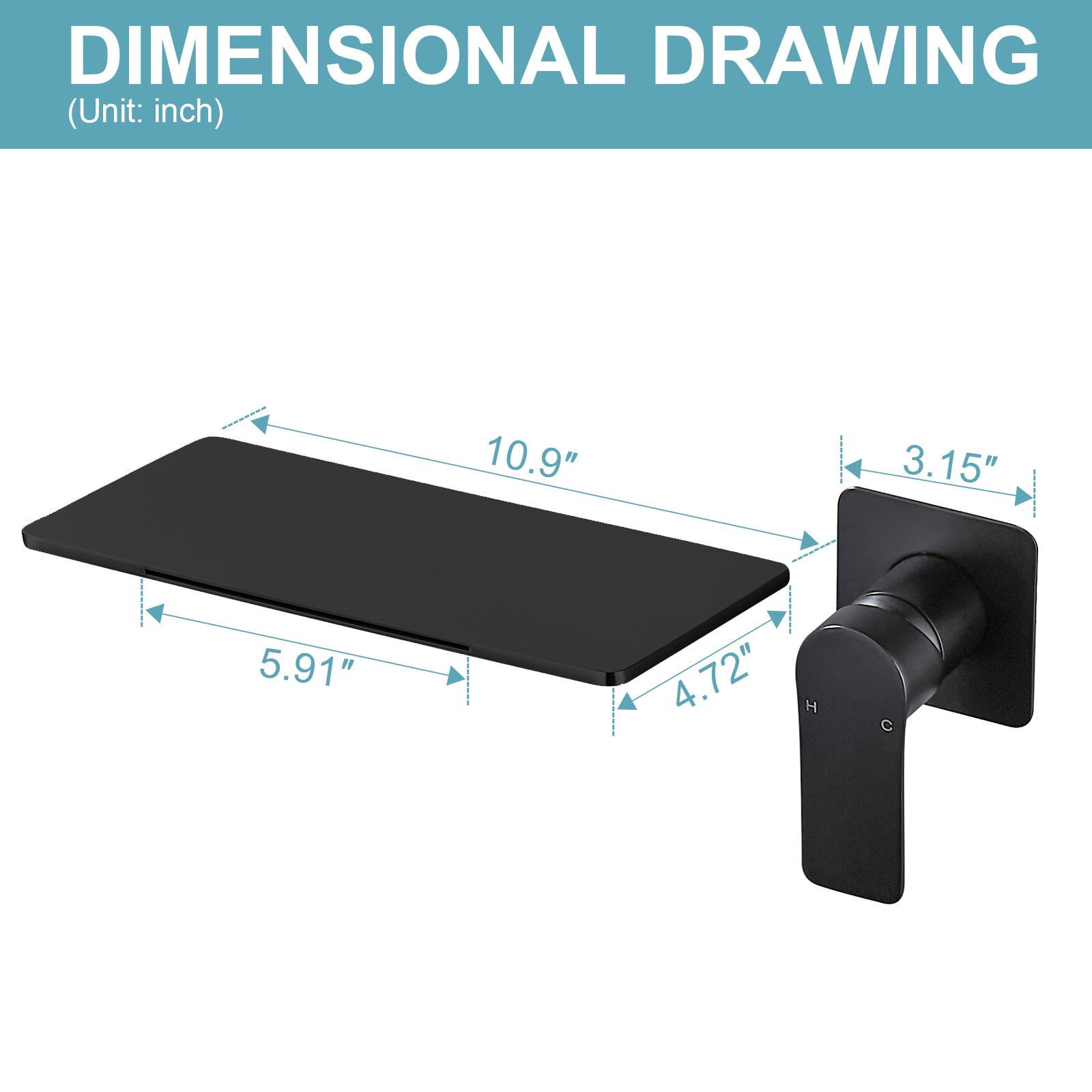 Single-Handle Rectangular Waterfall Wall Mounted Bathroom Faucet in Matte Black