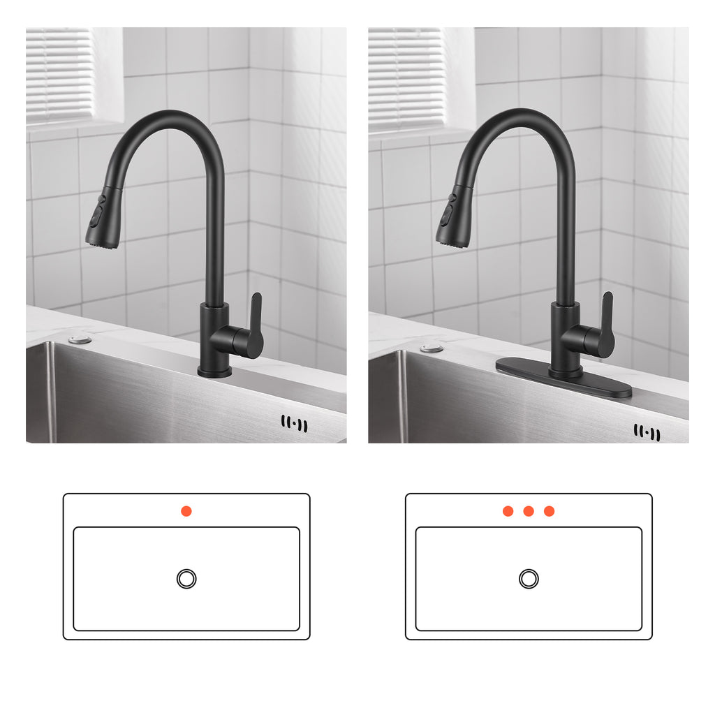 Gooseneck Single-Handle Pull Down Sprayer Kitchen Faucet with Deckplate and Sweep Spray Pull Out Sink Faucet in Black